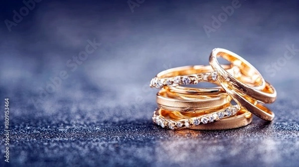 Obraz A close-up shot of a stack of gold rings, some adorned with small diamonds, resting on a dark, textured surface.
