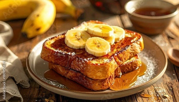 Obraz A delicious breakfast of French toast, topped with fresh banana slices and a dusting of powdered sugar, is served with syrup.