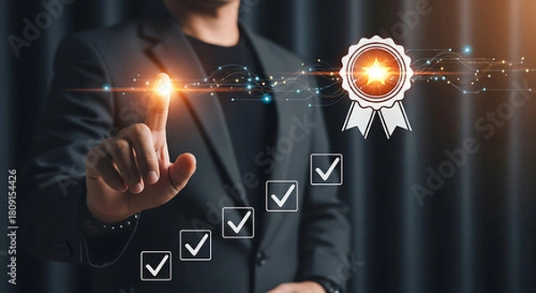 Fototapeta Quality Assurance Process with Checklist and Man in Suit Touching Screen