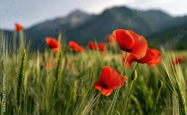 Obraz Soft morning light over green wheat field with red poppies, distant mountains in backdrop, emphasizing serene rural scenery and agricultural growth themes.