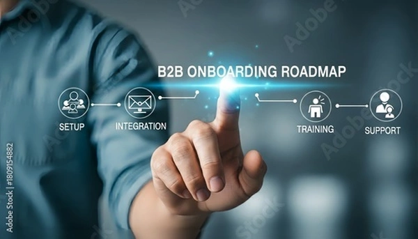 Fototapeta Man touching b2b onboarding roadmap interface with setup integration training support