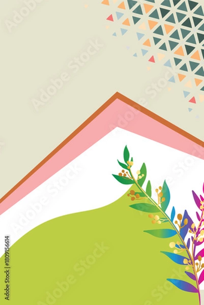 Fototapeta Contemporary Abstract Background with Geometric Triangle Accents and Green Color Blocks Modern Design with Colorful Foliage Illustration