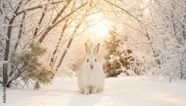 Obraz A white rabbit sits peacefully on a snowy forest path at sunrise, bathed in golden light and surrounded by frosted trees, capturing the magic, calm, and purity of a serene winter morning.