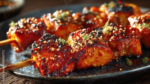 Fototapeta Chinese Shaokao chicken skewers, juicy grilled chicken pieces coated in smoky spices and chili powder, sprinkled with cumin and sesame seeds, slight char marks