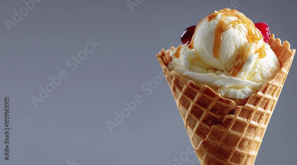 Obraz A tempting ice cream cone features smooth vanilla ice cream crowned with a drizzle of caramel and a bright cherry. The waffle cone provides a crunchy base, making it a perfect summer treat