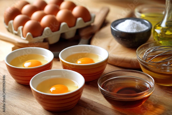 Obraz In a warm kitchen, three bowls hold separate egg yolks, while whiskey and other ingredients are gathered for baking. Fresh eggs rest in a carton nearby, ready for use in a delicious recipe