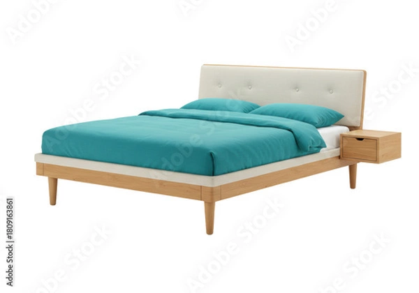 Obraz Isolated wood bed with fabric headboard and attached nightstand with drawer, bedroom furniture