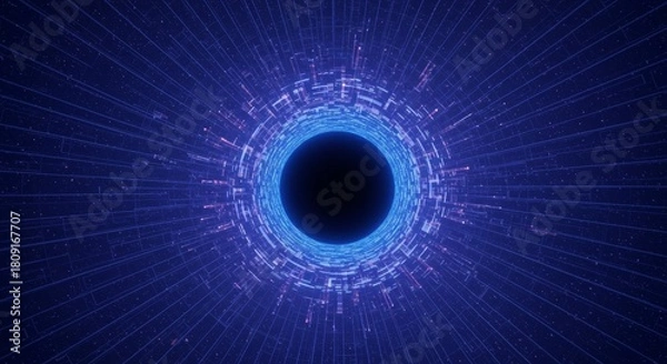 Fototapeta Portal in space, surrounded by futuristic technology with dark blue lighting. 3D rendered graphic suitable for tech, data, and design concepts.