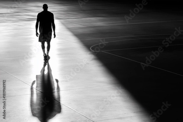Fototapeta Silhouette of male basketball player walking alone on empty court with dramatic shadow in black and white light contrast