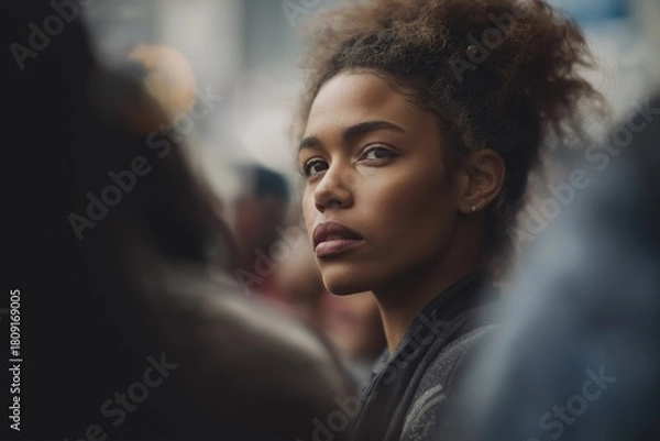 Fototapeta Thoughtful portrait of a young woman in a crowd, emotional expression and eye contact