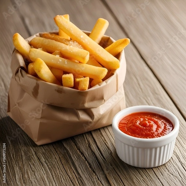 Fototapeta French Fries in Brown Paper Bag with Tomato Sauce on Rustic Table