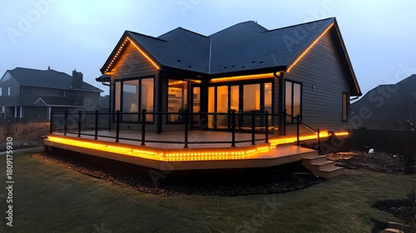 Obraz Modern outdoor stair railing with recessed LED strip lighting. Yellow light illuminates glass panels. Transparent rain-wet glass panels make up stair railing. Steel railing bars part of modern