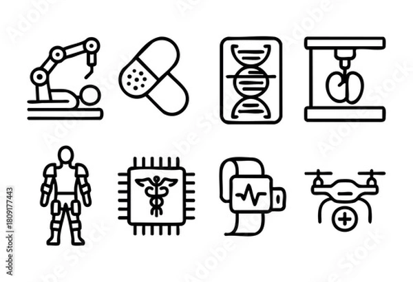 Fototapeta Innovative tools and symbols represent the future of healthcare, showcasing robotics, diagnostic devices, and medical advancements in a simplified design.