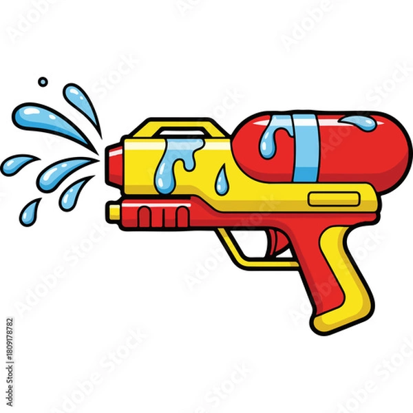 Fototapeta Brightly Colored Water Gun Shooting Water Splashes Isolated on White Background