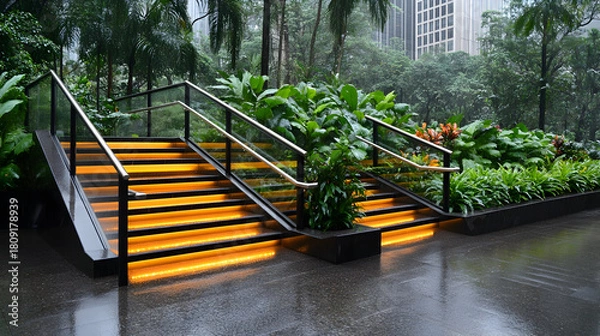 Obraz Modern outdoor stair railing with recessed LED strip lighting. Yellow light illuminates glass panels. Transparent rain-wet glass panels make up stair railing. Steel railing bars part of modern