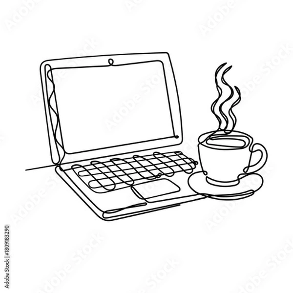 Obraz continuous line drawing laptop and coffee cup