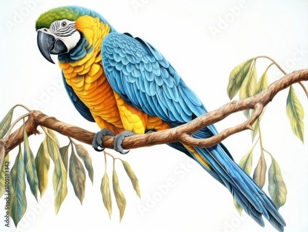 Fototapeta Vibrant artwork of a brightly feathered parrot resting on a branch, highlighting its blue and yellow plumage for tropical and wildlife themes.