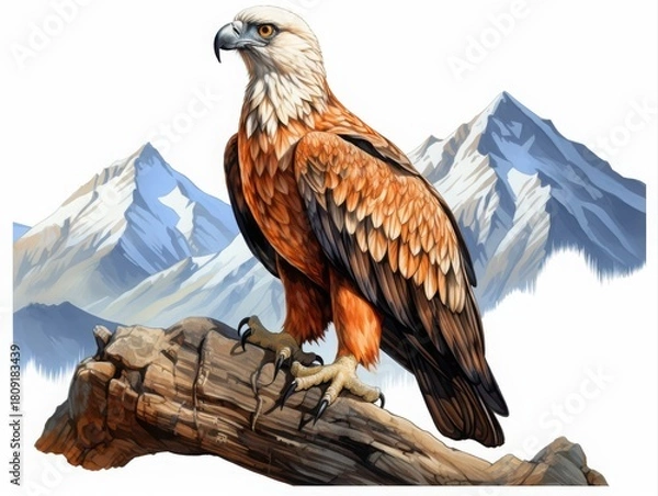 Fototapeta Detailed illustration of a powerful eagle standing on a rugged rock with snowy mountains behind, ideal for wildlife, nature, and raptor-themed searches.
