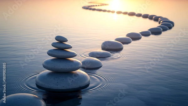Fototapeta zen balance stone stack and path over tranquil water at sunset