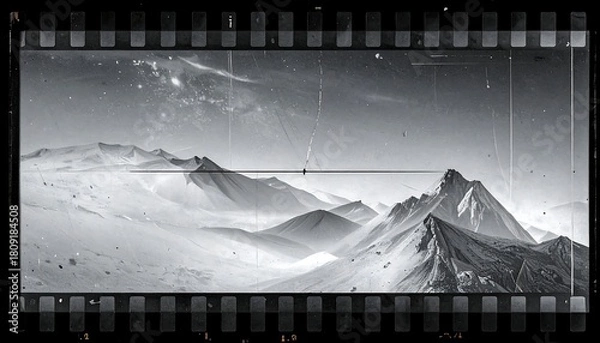Obraz Grayscale mountain range view through vintage film border, featuring snow-capped peaks and hazy valleys