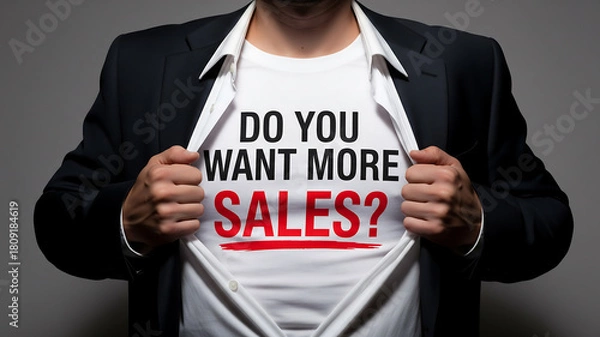 Obraz superhero sales message. business man opening suit to reveal shirt with text do you want more sales concept for marketing and motivation