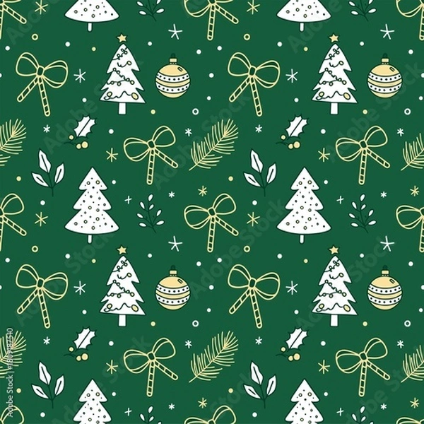Fototapeta Christmas Seamless Line Art Pattern with White Trees Golden Bows Baubles Candy Canes Holly and Pine Branches on Green Background Minimal Festive Holiday Design