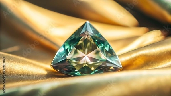 Obraz A triangle cut alexandrite gemstone sparkling under warm daylight set on pale peach satin