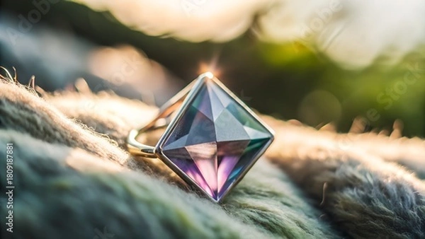 Fototapeta A kite shaped alexandrite resting on slate gray wool warm sunlight softening the texture