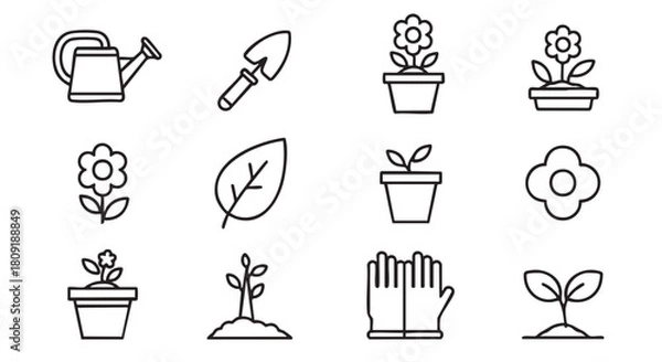Fototapeta Gardening icons and graphic elements depicting growth care and tools
