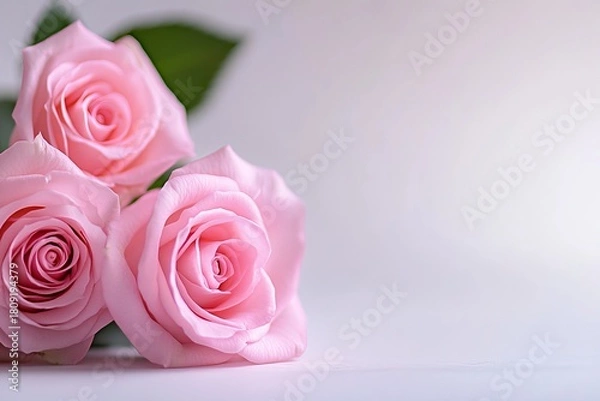 Fototapeta Three pink roses rest gently against a light backdrop creating a soft, minimalist aesthetic.
