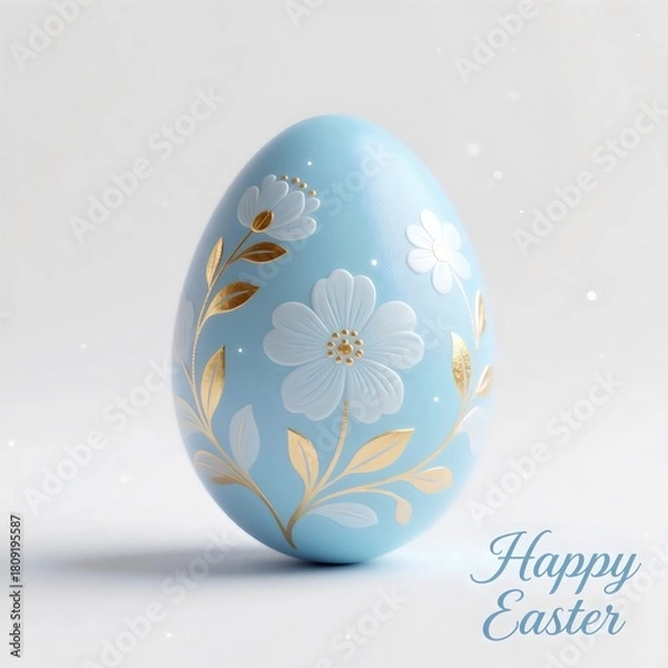 Obraz Ornate Blue Easter Egg with Gold and White Floral Decorations and "Happy Easter" Text on a Bright White Background