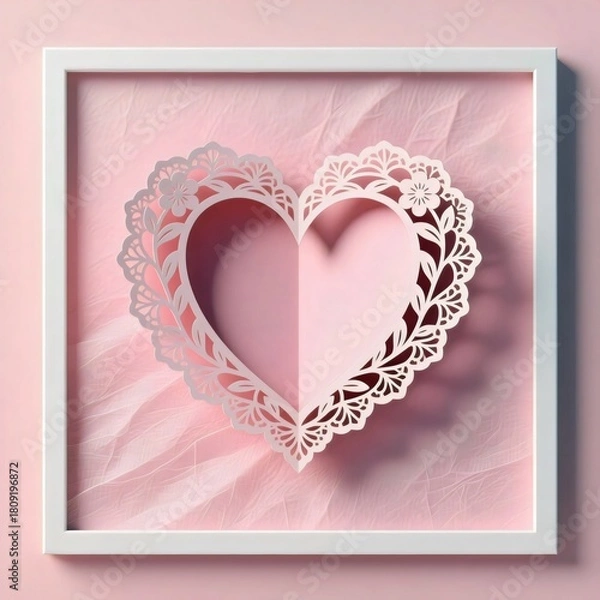 Obraz Delicate Pink Paper Cutout Lace Heart Shape Inside a White Square Picture Frame on a Textured Pink Background