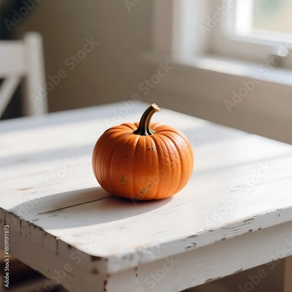 Obraz Single Small Orange Miniature Pumpkin Resting on a Weathered White Rustic Wooden Table by a Sunlit Window