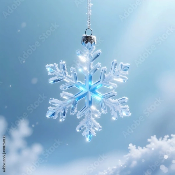 Obraz  Close-up of a Sparkling Glass Crystal Snowflake Ornament Hanging Against a Bright 