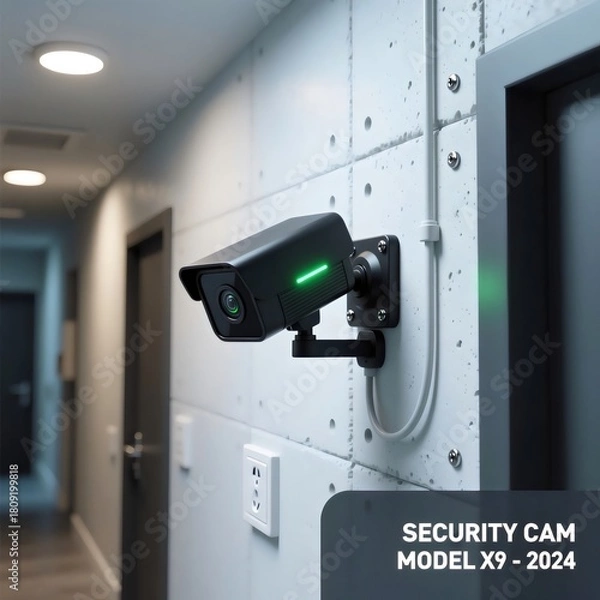 Obraz Modern Black Security Cam Model X9 Mounted in a Home or Office Hallway on a Textured Concrete Wall