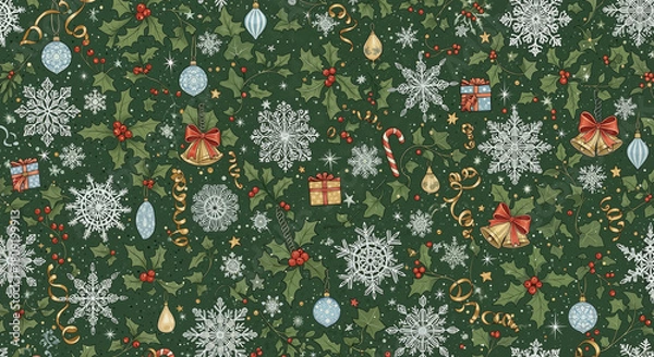 Obraz Festive Christmas pattern with snowflakes and gifts on green background
