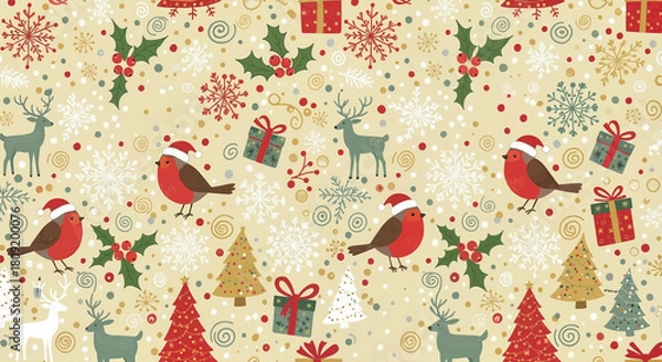 Obraz Festive Christmas pattern with birds, gifts, and reindeer in traditional style