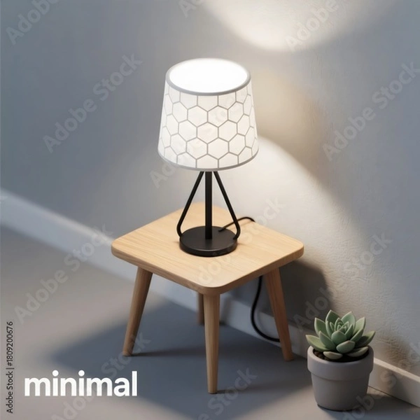 Obraz Minimalist Design End Table with Tripod Lamp and Succulent Plant Casting Long Shadows in Low Light