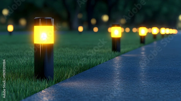 Fototapeta Modern landscaping design with illuminated pathway and ambient lighting in residential garden night scene. Ambient Lighting. Illustration