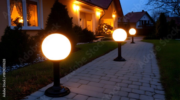 Obraz Modern landscaping design with illuminated pathway and ambient lighting in residential garden night scene. Ambient Lighting. Illustration