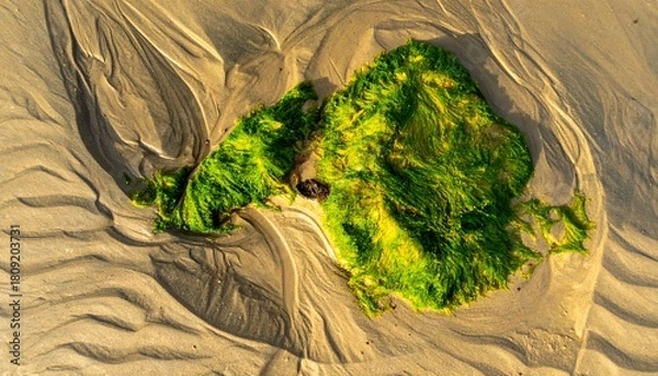 Obraz Green algae clump nestled in rippled sand, textured by wind and water, lit by golden sunlight, seen from above