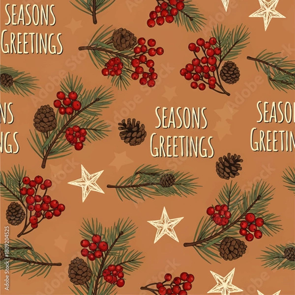 Obraz Festive Christmas-themed pattern featuring pine branches, red berries, pinecones, and star ornaments with text.