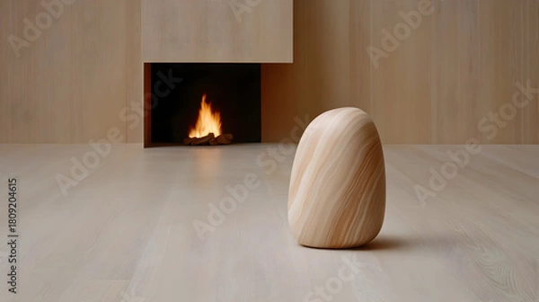 Fototapeta Modern interior with sleek marble fireplace and warm beige tones, featuring natural textures and minimalist design