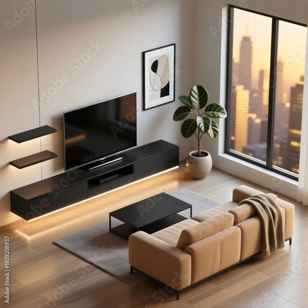 Obraz High-Angle View of a Minimalist Luxury Living Room with a Beige Sofa, Black TV Console, and City Sunset View