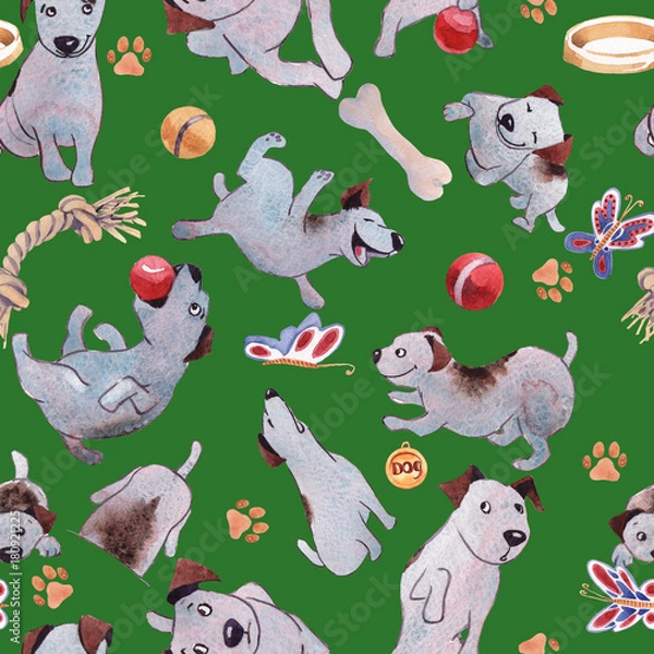 Fototapeta Puppy dog playing with ball hand drawing watercolor seamless pattern