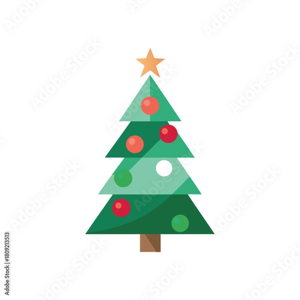 Fototapeta Flat vector illustration of a modern geometric Christmas tree decorated with baubles Vector on white background 