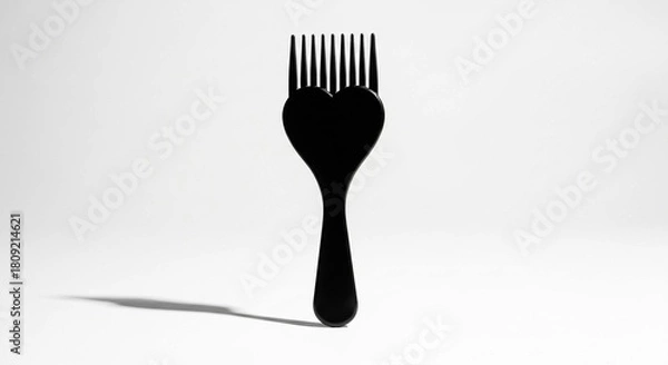 Fototapeta A black heart shaped hair pick with tines on a white background casting a soft shadow to the left