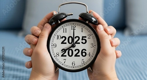Obraz Hands holding a clock face, visually marking the critical, upcoming change from the year 2025 to 2026.