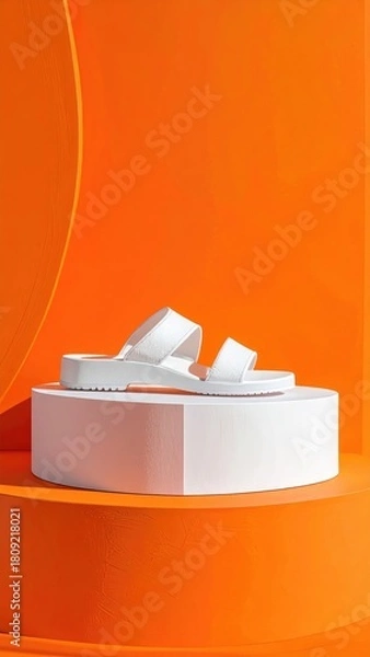 Fototapeta White sandals displayed on cube, vivid orange backdrop