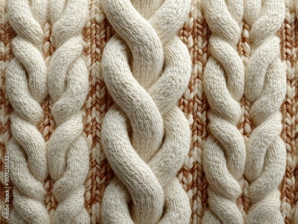 Fototapeta Textured Knit Pattern in Cream and Brown Tones with Intricate Cable Design